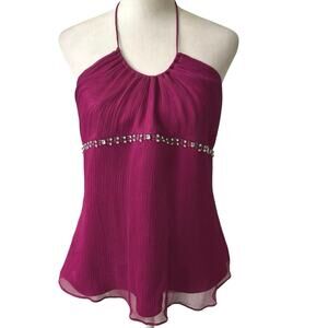Express Y2K Silk Magenta Pink Embellished Babydoll Halter Top Medium
